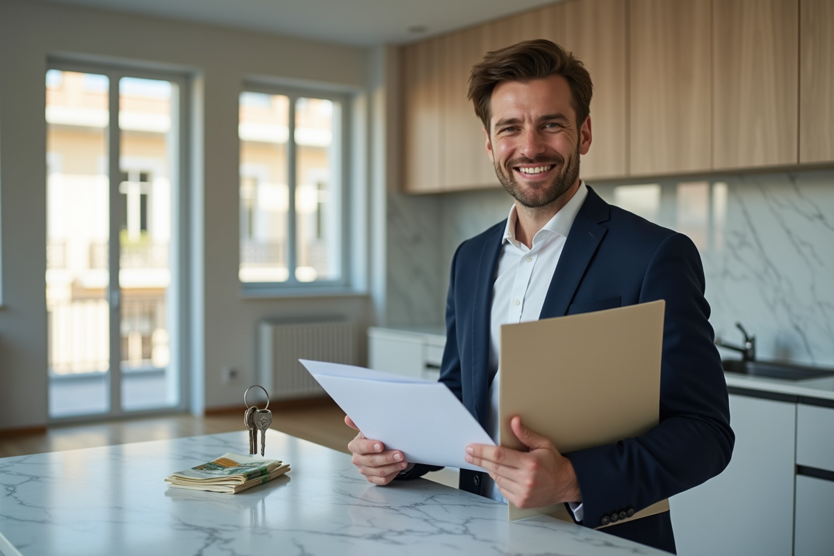 Jeune homme tenant un dossier et une clé dans une cuisine