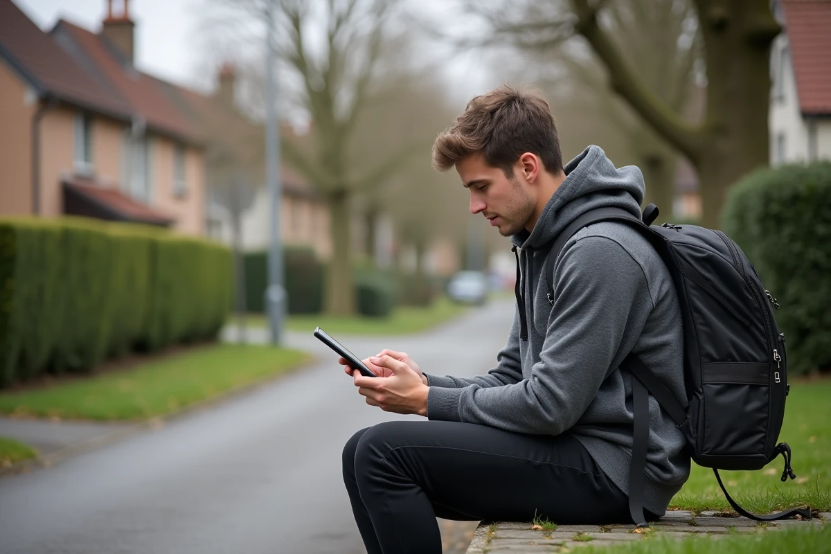 Jeune homme consultant une application immobilière dans un quartier résidentiel périphérique du Mans