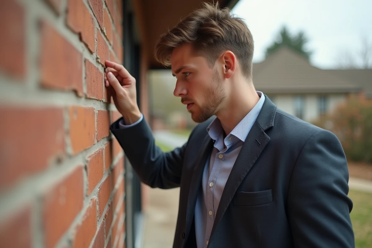 Jeune homme inspectant la façade en briques d