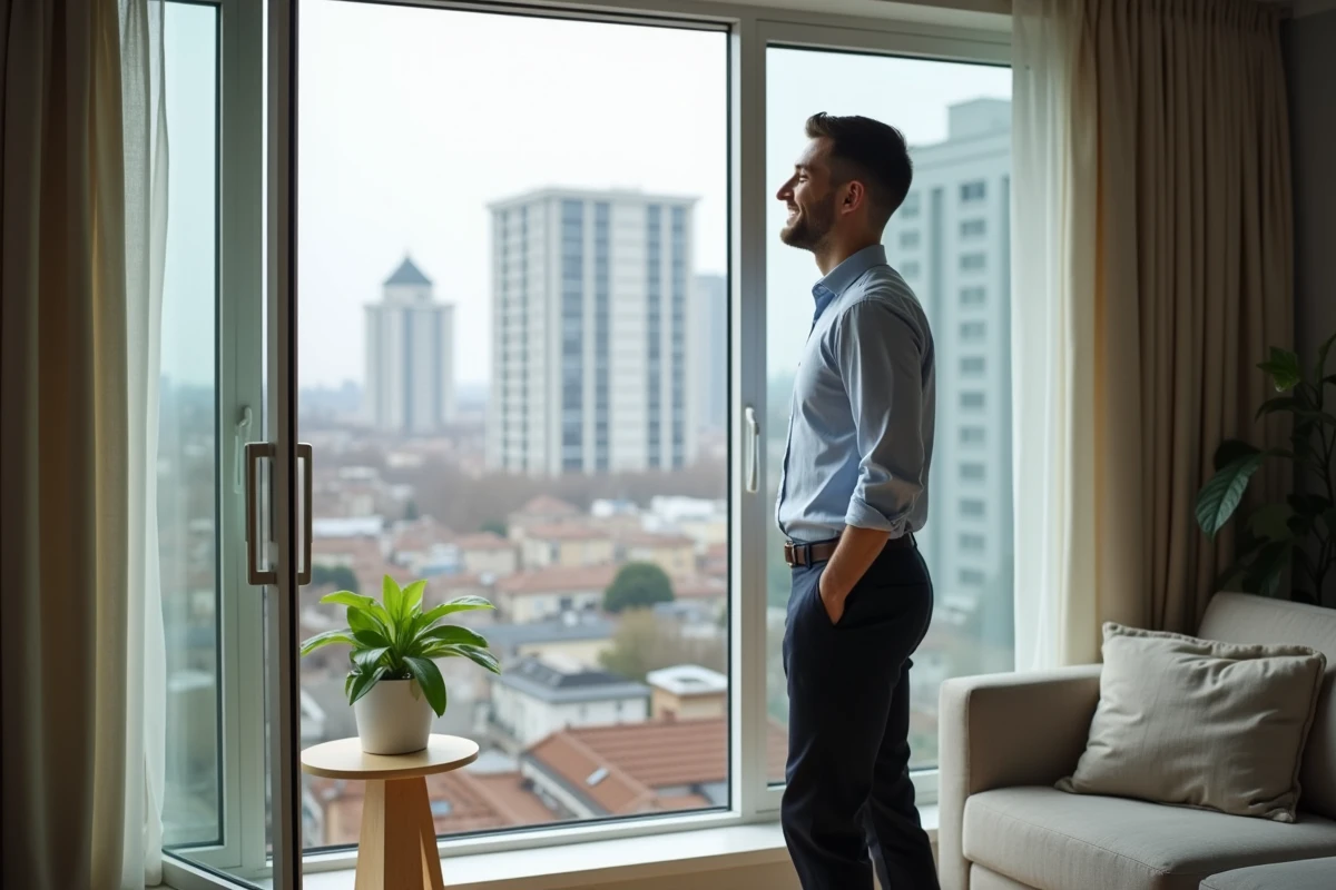Jeune homme professionnel regardant la ville depuis une fenêtre