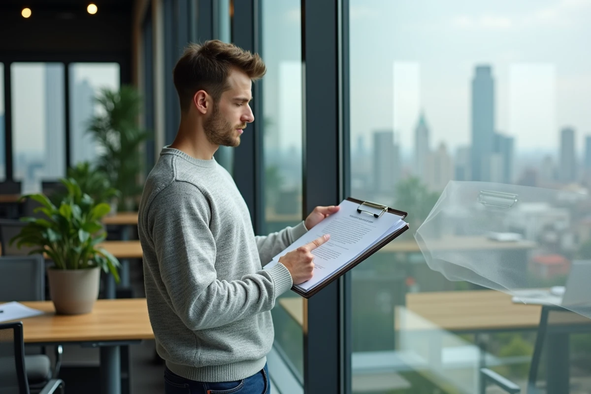 Jeune homme pointant un contrat de location près d