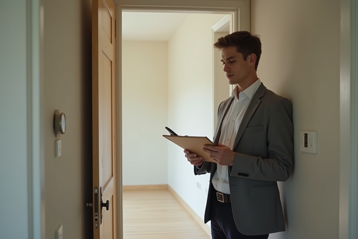 Jeune homme avec clipboard dans un couloir d
