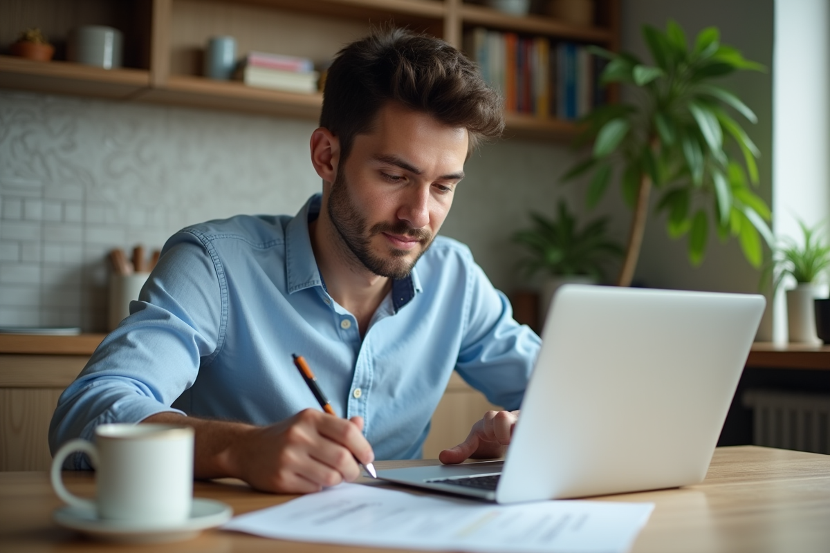 Jeune homme remplissant un formulaire dans sa cuisine