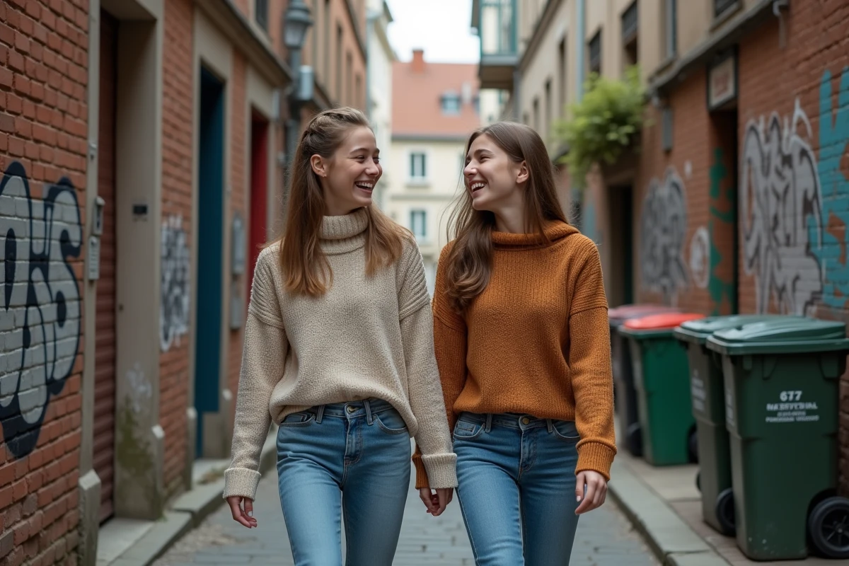 Deux adolescentes riant dans une ruelle graffitée de RomanssurIsère