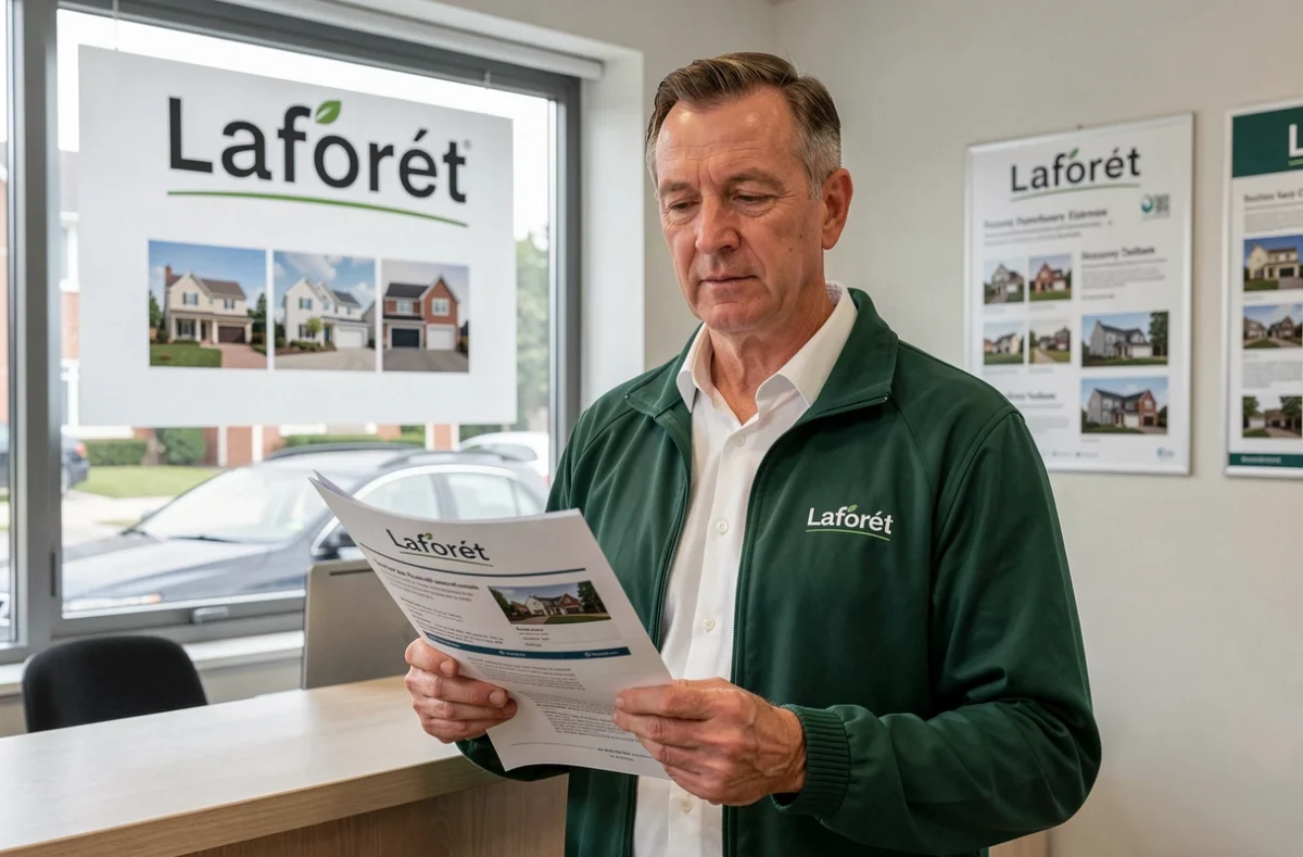 Agent Laforêt Immobilier Bordeaux dans une agence avec signalétique verte de la franchise et affiches de biens immobiliers
