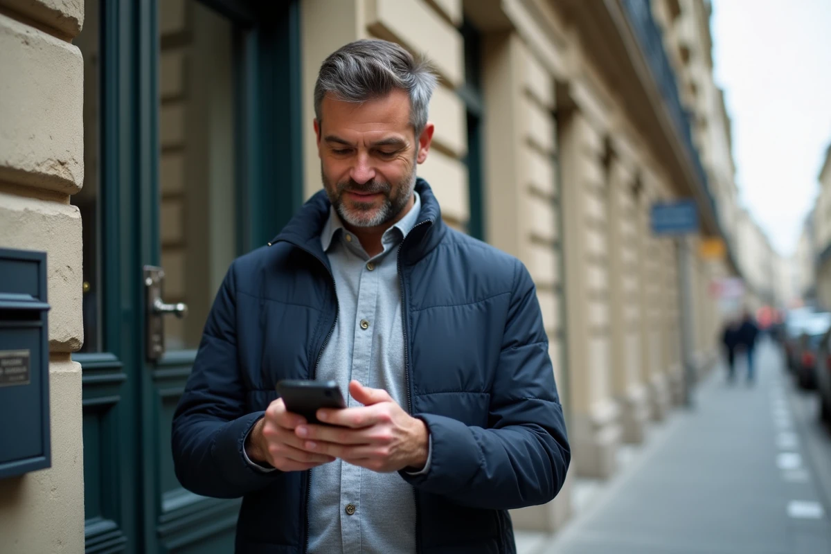 Locataire utilisant l'application mobile MyFoncia devant son immeuble parisien