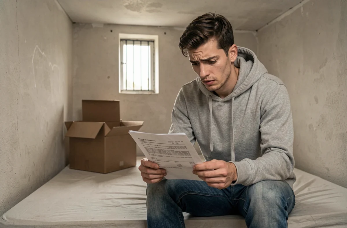 Jeune locataire préoccupé relisant son bail dans une chambre de location trop petite ne respectant pas la surface minimum réglementaire