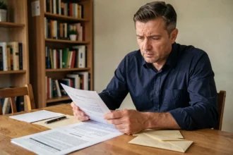 Locataire examinant un contrat de bail et des documents de consignation de loyer à son domicile