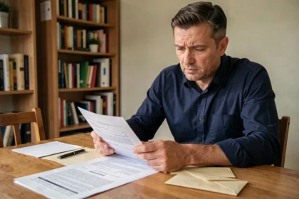 Locataire examinant un contrat de bail et des documents de consignation de loyer à son domicile