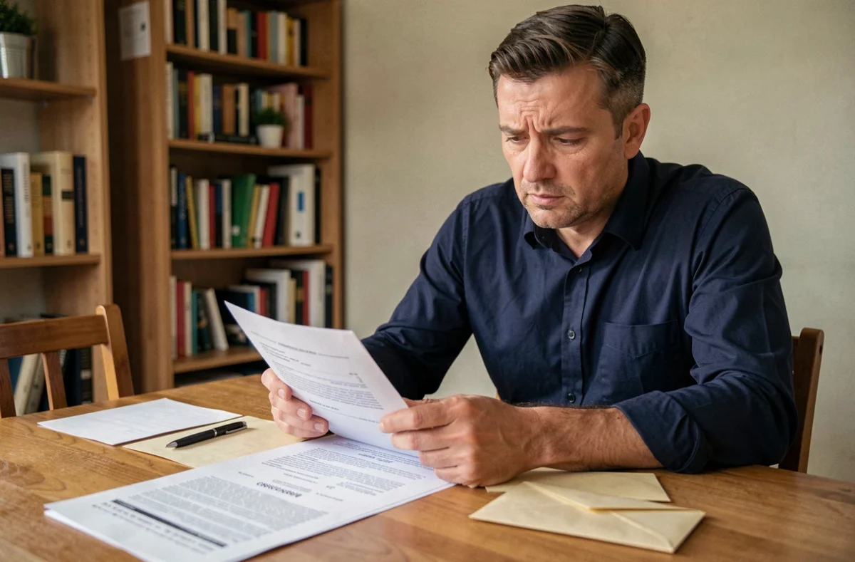 Locataire examinant un contrat de bail et des documents de consignation de loyer à son domicile