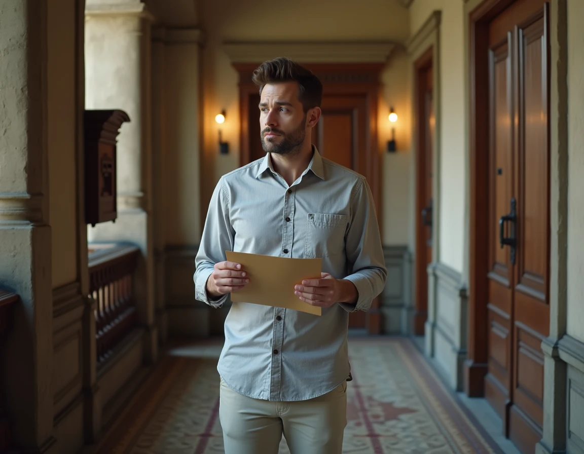 Locataire déposant une lettre de préavis dans la boîte aux lettres d'un immeuble ancien haussmannien