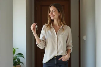 Jeune femme souriante tenant des clés devant la porte d'un studio à louer à La Roche-sur-Yon
