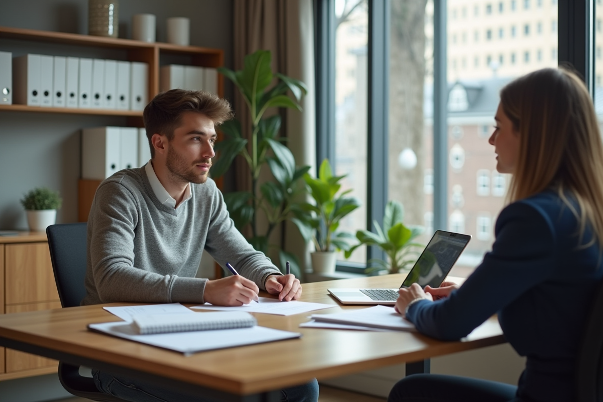 Jeune locataire remplissant dossier avec agent immobilier