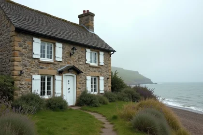 Maison normande en pierre avec volets blancs en bord de falaise face à la mer de la Manche
