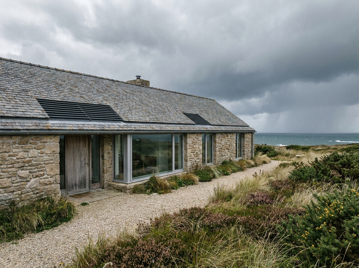 Façade d'une maison passive contemporaine en Bretagne avec murs isolés épais, fenêtres triple vitrage et toiture en ardoise