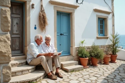 Couple de retraités devant une petite maison de pêcheur à vendre au Portugal dans une ruelle côtière pavée