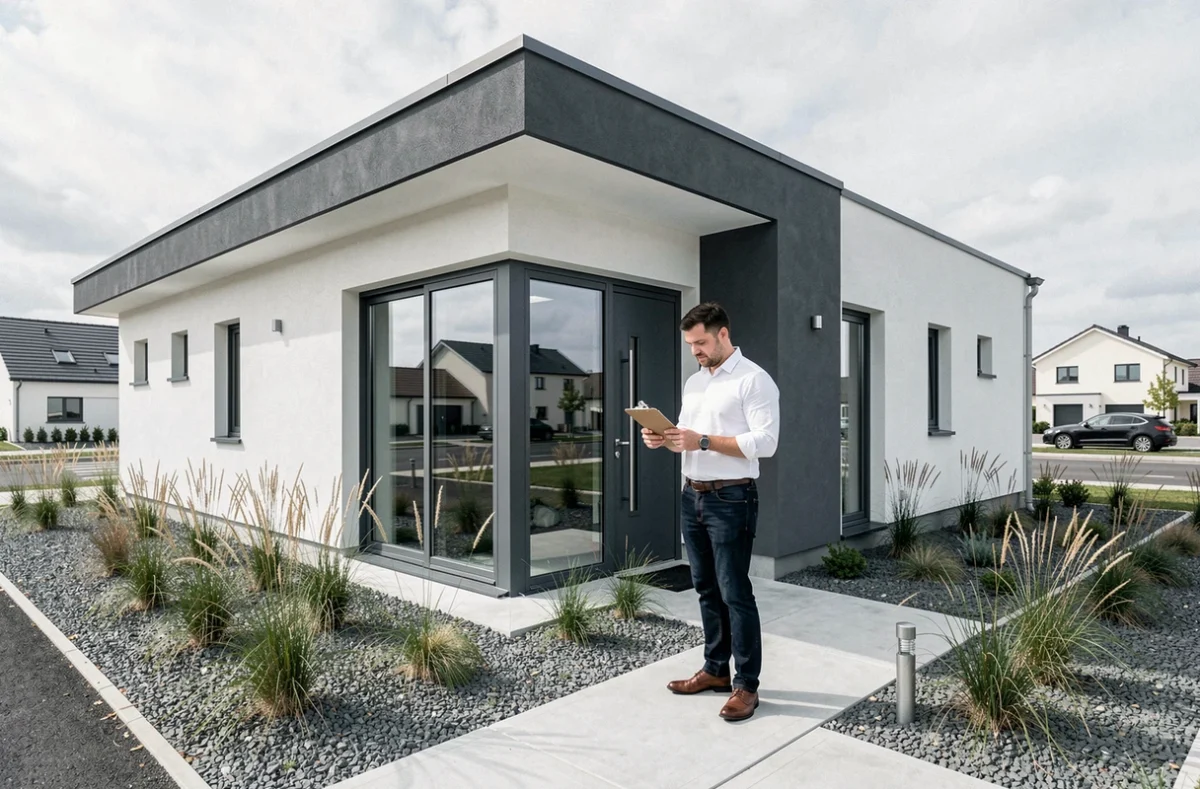 Architecte de Maisons Dréan devant une maison individuelle contemporaine dans un lotissement Loire-Atlantique