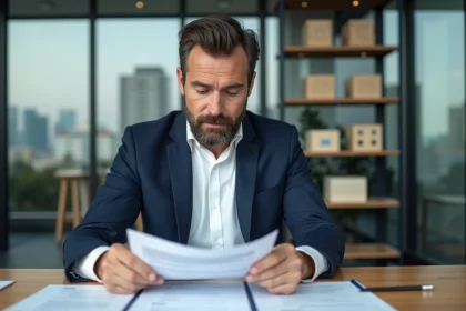 Marchand de biens analysant des documents de transaction immobilière dans une agence moderne, illustrant l'impact de la TVA sur le prix de revente