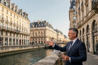 Vue panoramique de Bordeaux avec un agent immobilier tenant une brochure devant les façades en pierre de la Garonne, illustrant le marché immobilier en Gironde