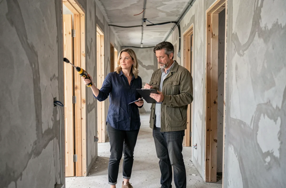 Couple mesurant un couloir en rénovation avec un télémètre laser lors d'une visite immobilière