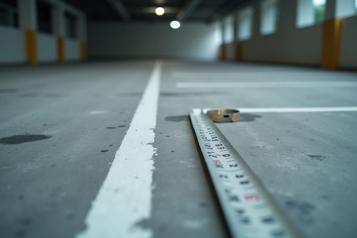 Gros plan d'un mètre ruban mesurant la largeur d'une place de parking intérieure, révélant des dimensions non conformes aux normes réglementaires