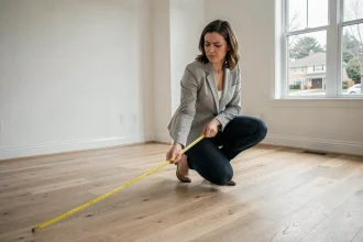 Femme mesurant la superficie d'un salon vide avec un mètre ruban avant un achat immobilier