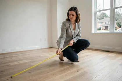 Femme mesurant la superficie d'un salon vide avec un mètre ruban avant un achat immobilier