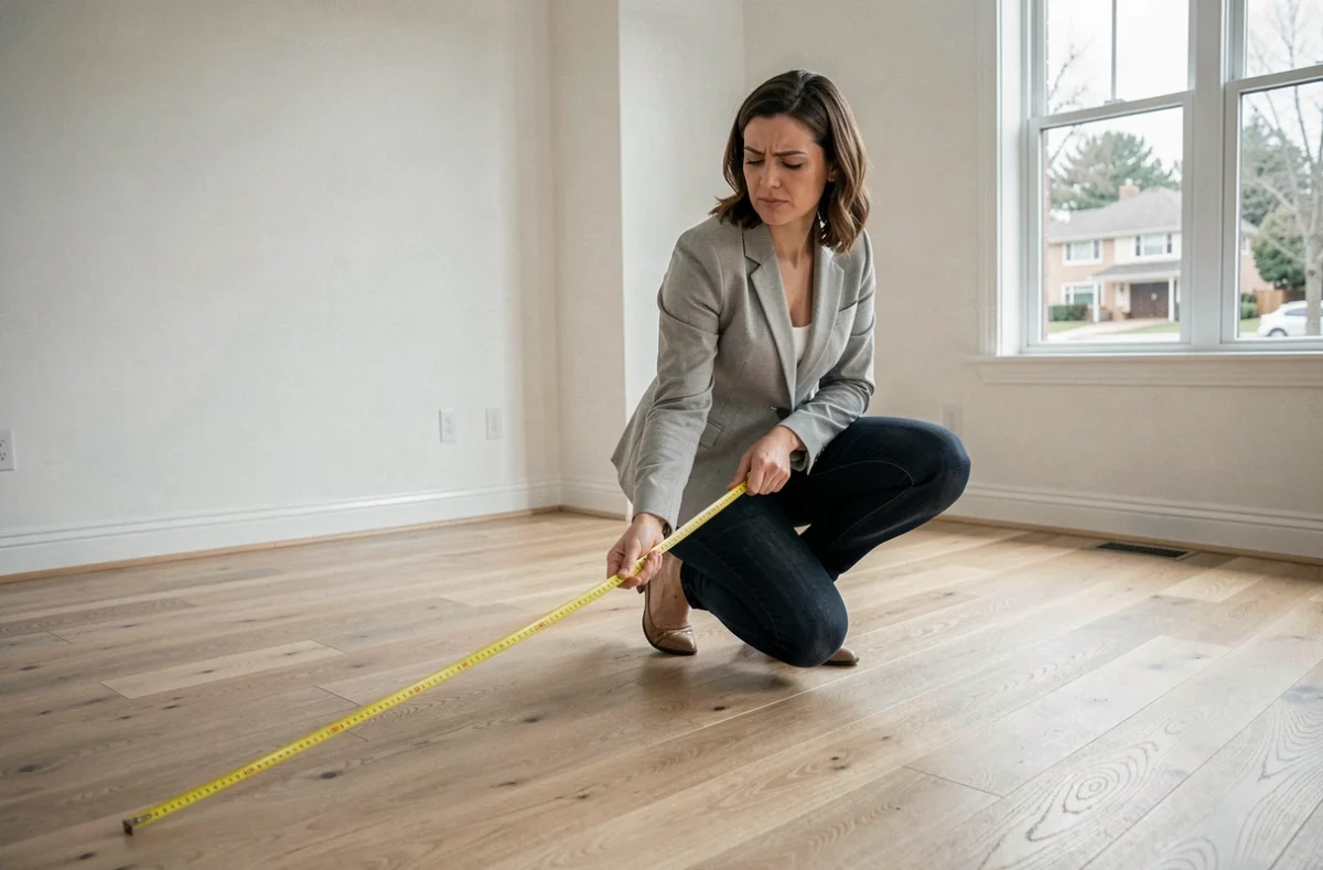 Femme mesurant la superficie d'un salon vide avec un mètre ruban avant un achat immobilier