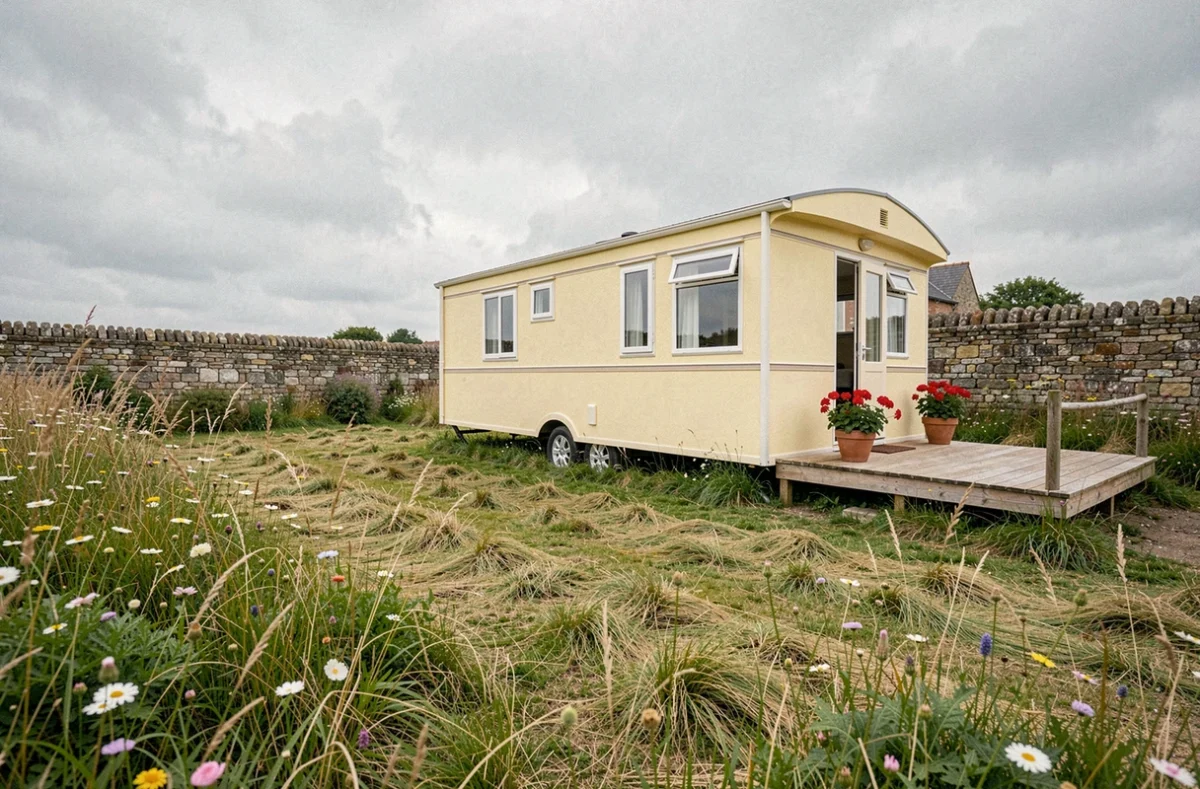 Mobil-home installé sur un terrain en campagne française avec terrasse en bois et mur en pierre