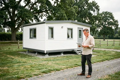 Homme consultant des documents devant un mobil-home installé sur un terrain privé en zone rurale