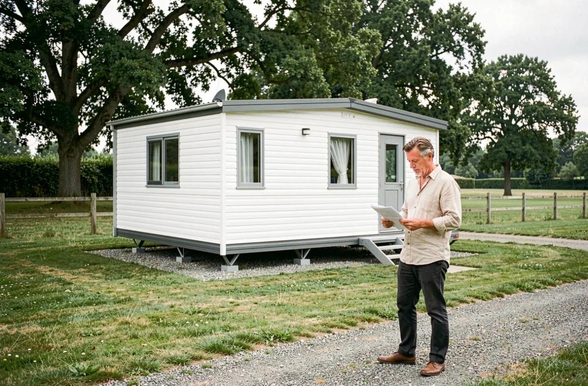 Homme consultant des documents devant un mobil-home installé sur un terrain privé en zone rurale
