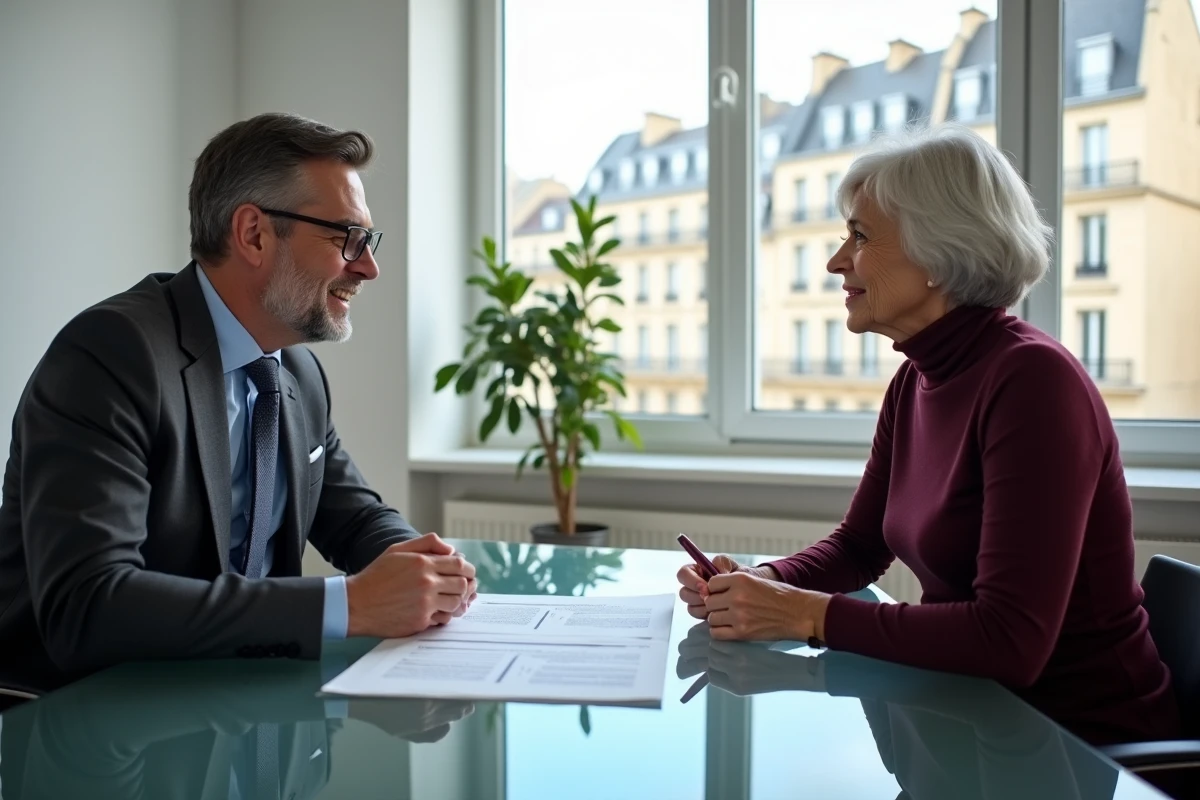 Notaire et cliente senior discutant des frais et du coût réel d'une opération viager dans un cabinet notarial moderne