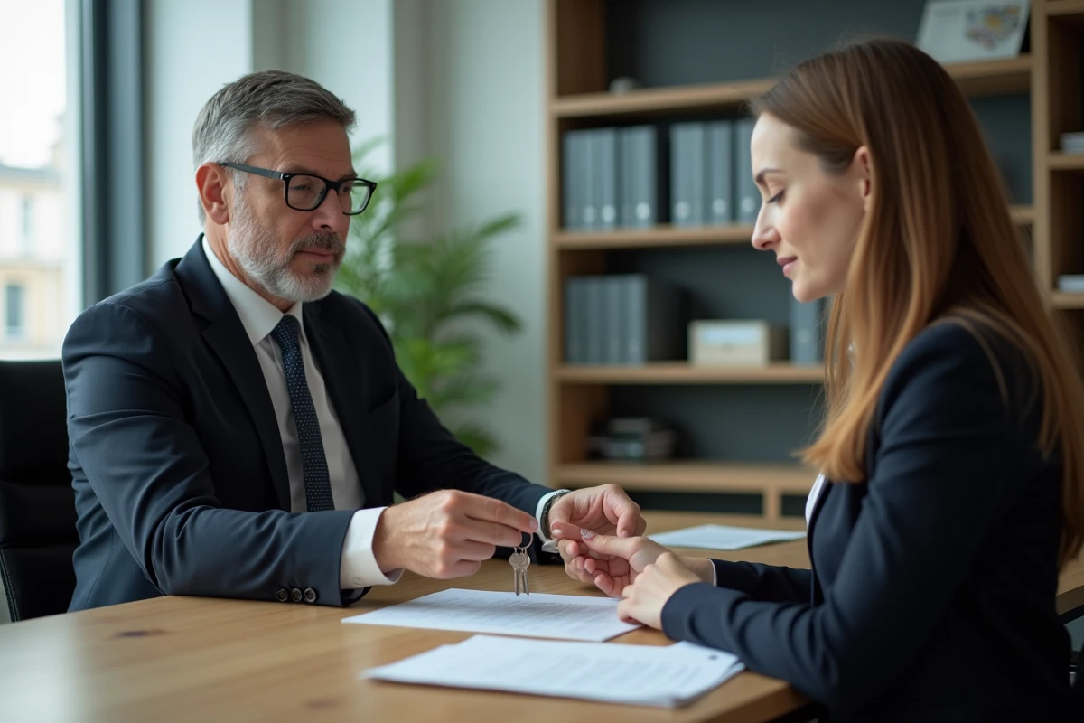 Notaire donnant des clés à une jeune femme dans un bureau moderne