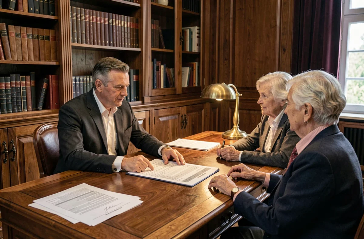 Notaire présentant une simulation de viager bouquet sec à un couple de seniors dans un cabinet notarial traditionnel