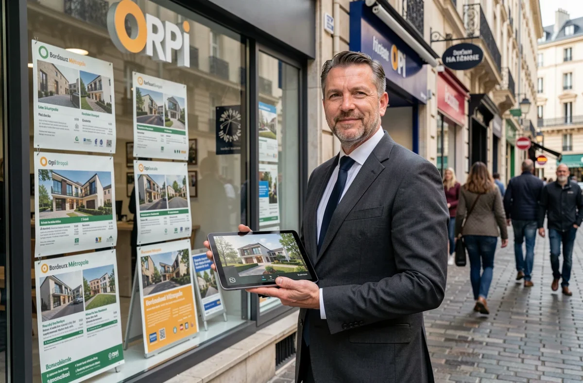 Agent Orpi Bordeaux Métropole devant la vitrine de l'agence en rue commerçante, tenant une tablette avec visite virtuelle de propriété