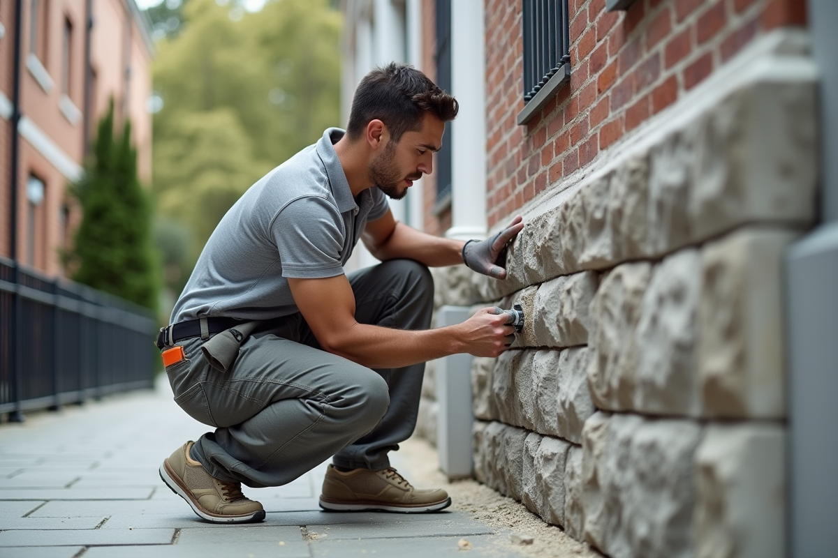 Jeune homme appliquant pierre decoratif sur façade urbaine