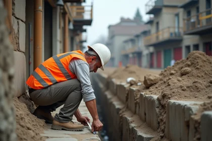 Ouvrier inspectant des fondations en cours de reprise sous œuvre sur un chantier urbain avec tranchée excavée et béton fraîchement coulé