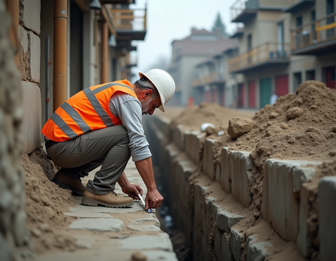 Ouvrier inspectant des fondations en cours de reprise sous œuvre sur un chantier urbain avec tranchée excavée et béton fraîchement coulé