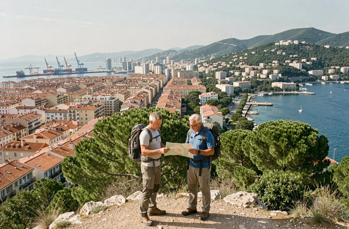 Vue panoramique de Marseille depuis une colline montrant le contraste entre les quartiers nord populaires et les quartiers sud résidentiels en bord de mer