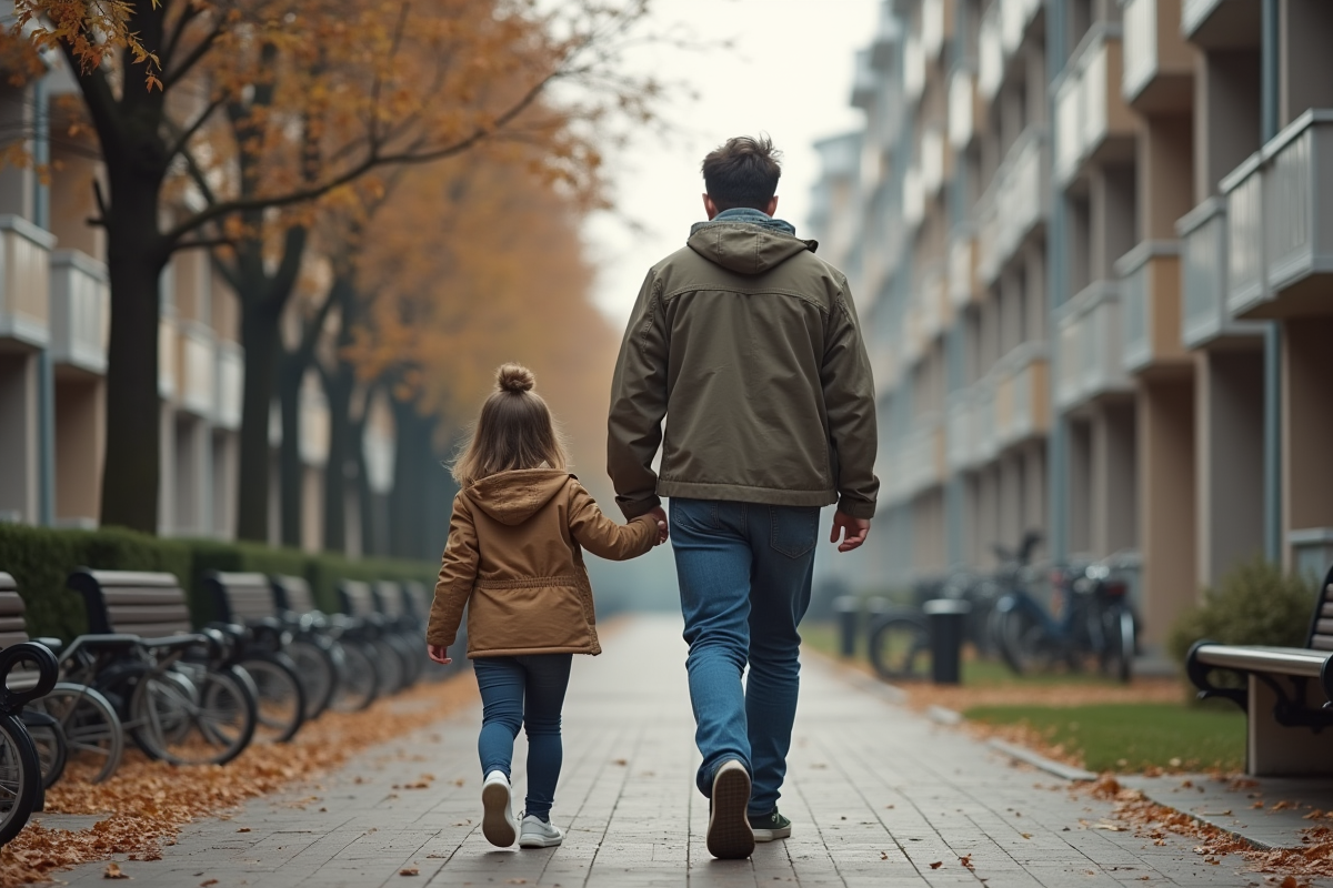 Père et fille dans la rue devant un logement social