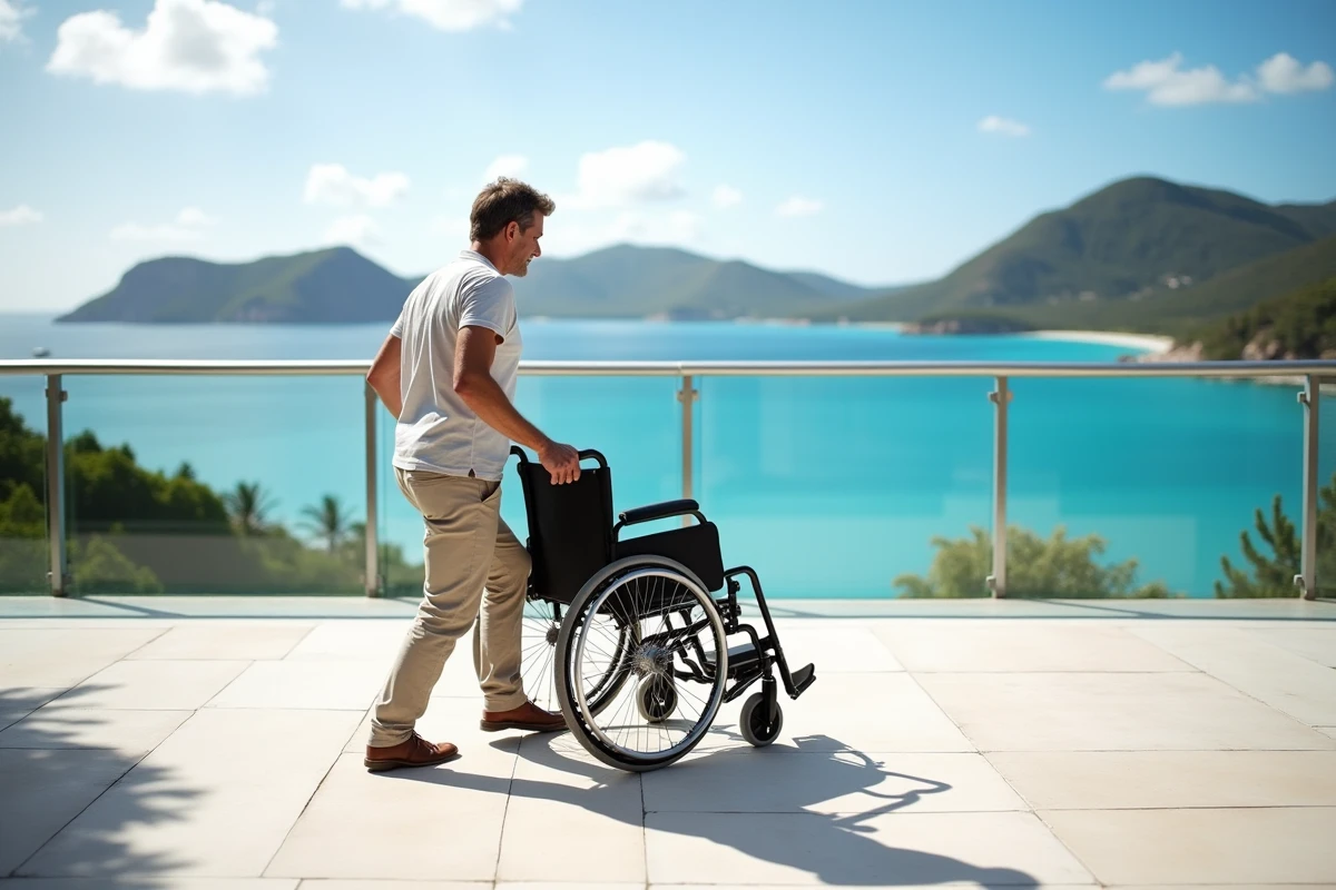 Homme en fauteuil roulant sur terrasse avec vue sur la baie