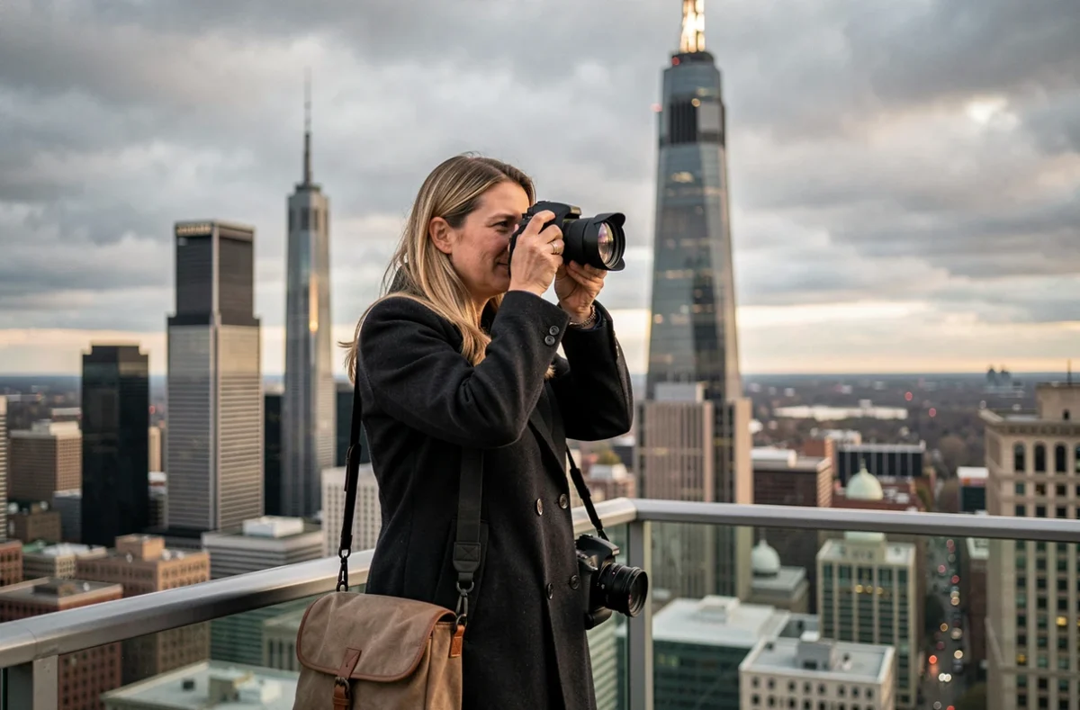 Photographe professionnelle cadrant le Citadel Center depuis un toit en terrasse à Chicago avec vue sur le skyline