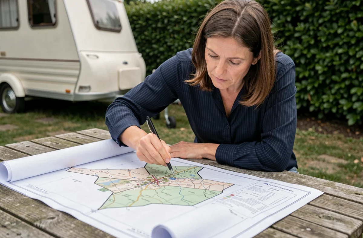 Femme étudiant un plan cadastral et des documents d'urbanisme pour l'installation d'un mobil-home