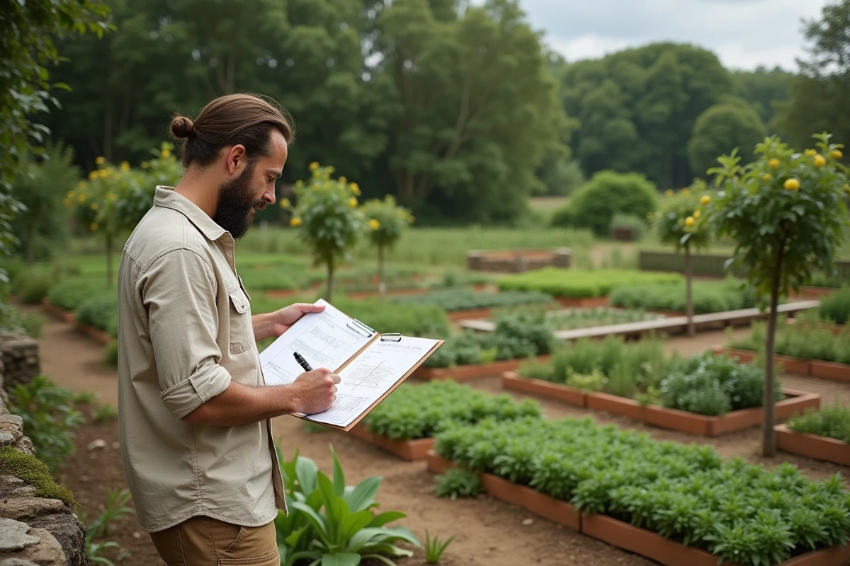 Homme planifiant l'aménagement permaculturel d'un terrain agricole loué avec plan de conception