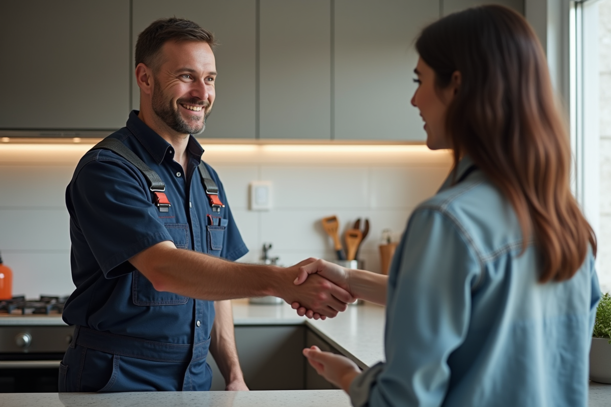 Plombier homme souriant serre la main d'un propriétaire dans une cuisine moderne
