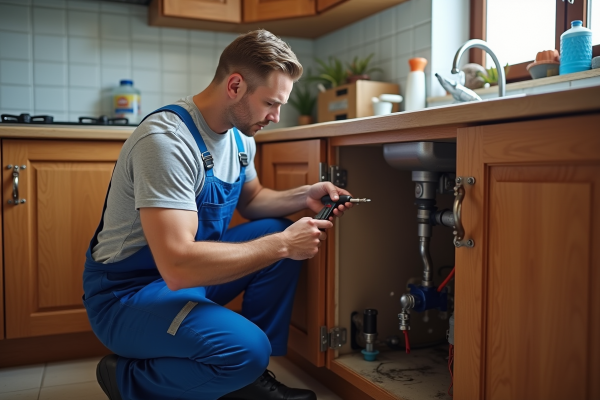 Plombier professionnel inspectant une fuite d