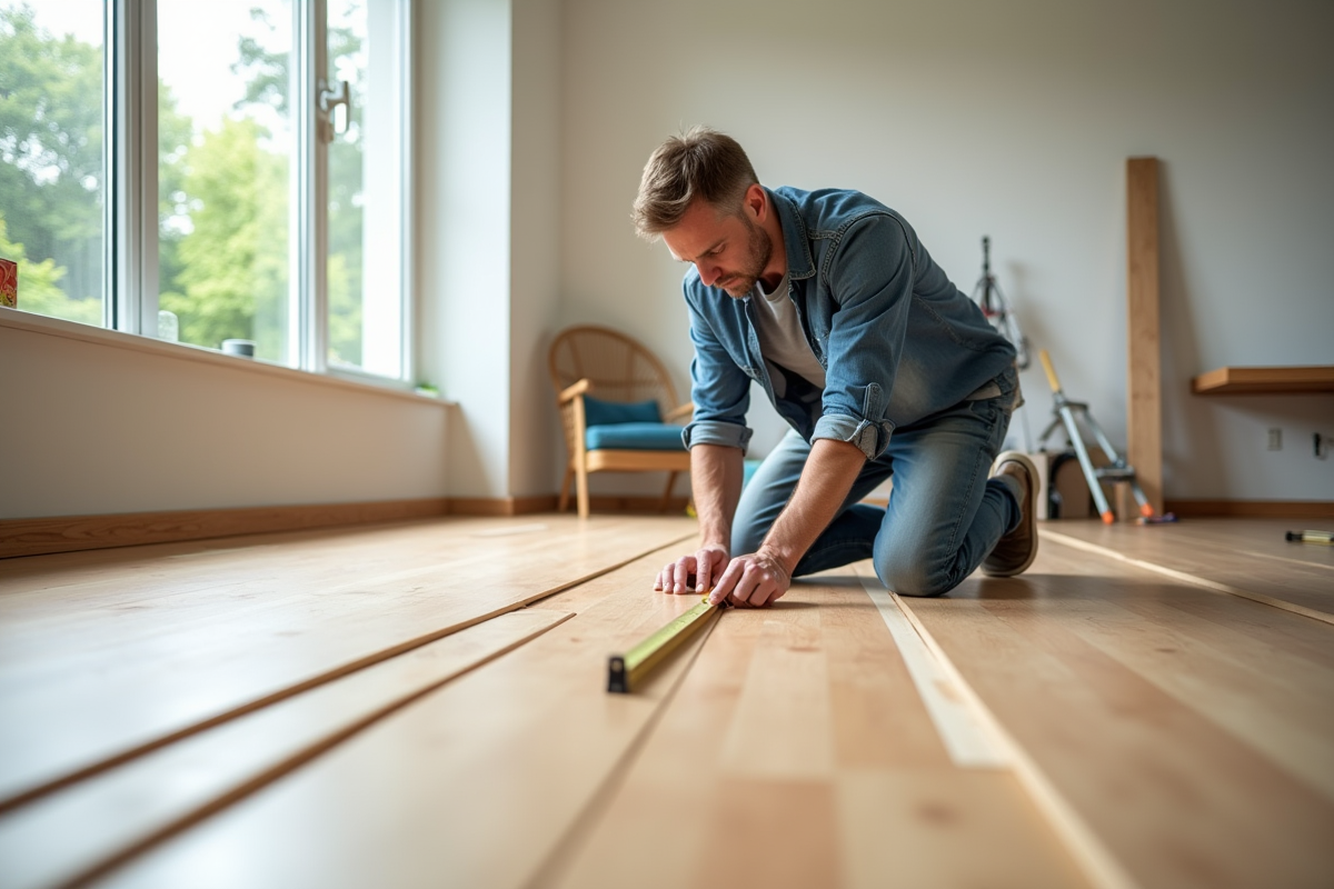 Homme en vêtements décontractés vérifiant le sol en parquet neuf