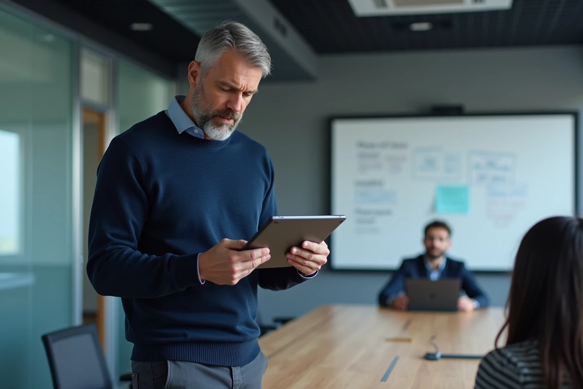 Professionnel masculin consultant les mises à jour de l'intranet IAD sur une tablette en salle de réunion