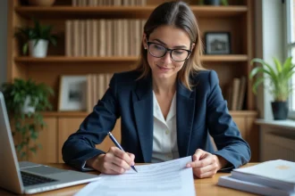 Professionnelle de l'immobilier consultant un modèle de pré-état daté sur son bureau dans un bureau notarial moderne