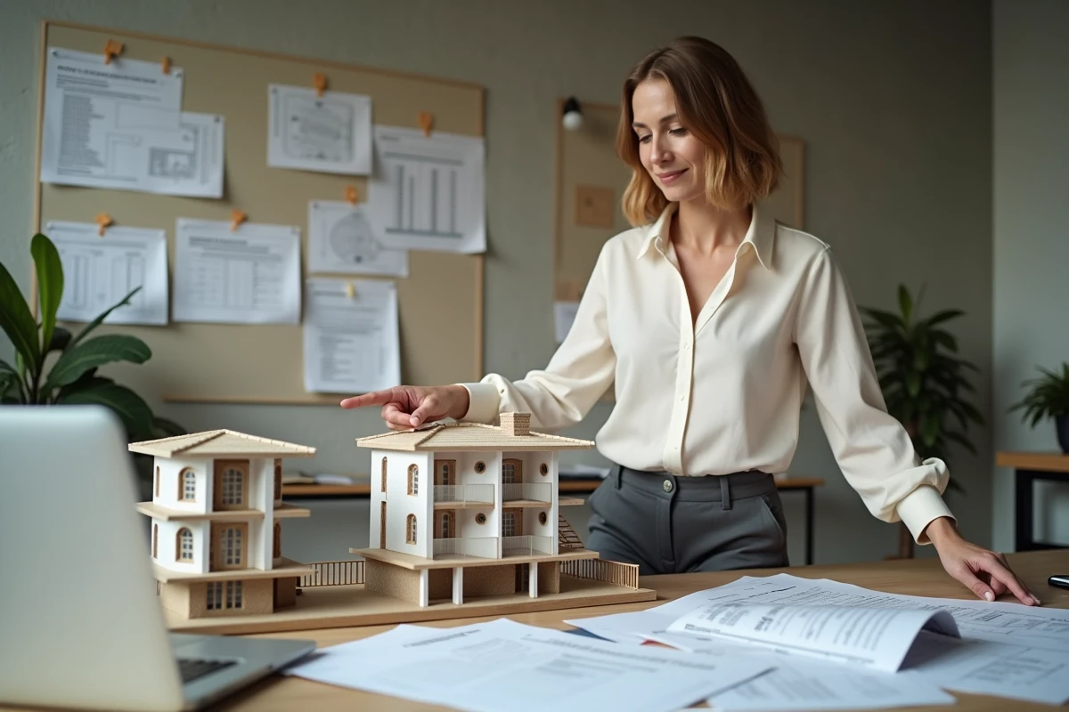 Promotrice immobilière présentant une analyse financière incluant la TVA sur un projet de revente résidentiel